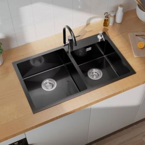&Eacute;vier 2 Bacs 75x45x19CM &Eacute;vier en Inox 304 &Eacute;vier Cuisine Noir avec Distributeur de savon et Ensemble de Drainage