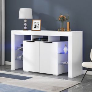 Buffet Salon à LED Armoire de Cuisine Meuble Rangement avec Etagères en Verre 2 Portes Vitrine Blanc Haut Brillant 140x40x80cm