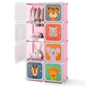COSTWAY Armoire Meuble de Rangement pour Enfants 8 Cubes avec 1 Section Penderie Joli Assemblage facile 75 x 35 x 145 cm Rose