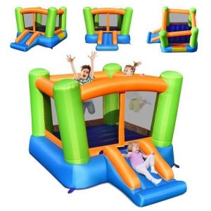 DREAMADE Château Gonflable pour Enfants avec Trampoline et Toboggan, 250 x 195 x 143 cm, Aire de Jeu Extérieur Intérieur, Vert+Bleu