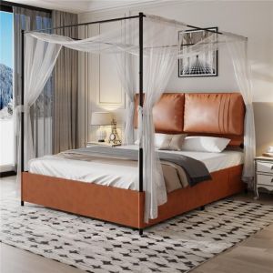 Lit à baldaquin double 140x200 avec sommier et lattes métal colonnes de baldaquin amovibles 2 coussins en cuir souple marron