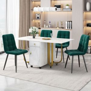 Ensemble Table à Manger Pliante avec 4 Chaises - Table Salle à Manger 150x80x76 cm - Chaise Rembourrée Design en Velours Vert