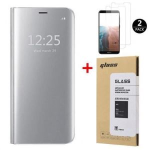 Coque Huawei P Smart 2019 + [2 Pack] Verre trempé Smart Miroir Flip Case avec Stand Housse Protection Étui Argent