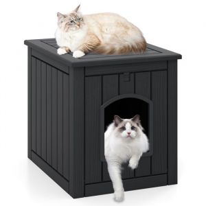 Maison pour Chat dIntérieur Extérieur COSTWAY Porte dEntrée Basculante Plancher Surélevé Abri Imperméable pour Chiots Noir