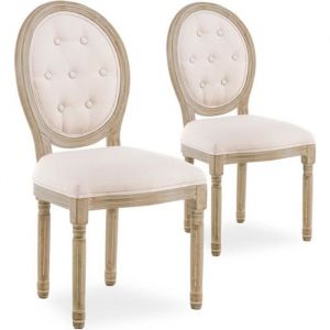 Lot de 2 chaises m&eacute;daillon capitonn&eacute;es Louis XVI tissu Beige