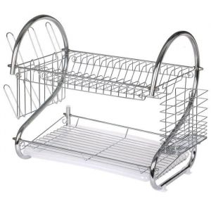 Mellifluous Égouttoir à Vaisselle Chromé Effet Inox Double Niveau Avec Porte-Tasse et Égouttoir pour Couverts