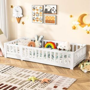 Lit au sol 90x200 cm SOMUBI Lit enfant 90x200 cm avec barri&egrave;res de s&eacute;curit&eacute; lit avec sommier &agrave; lattes pin massif blanc