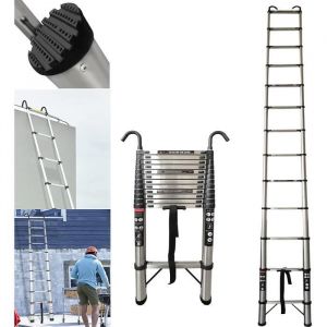 &Eacute;chelle Escamotable 5 M&egrave;tre &Eacute;chelle T&eacute;lescopique en Acier inoxydable &Eacute;chelle de Grenier avec Crochets de Toit Extension &Eacute;chelles