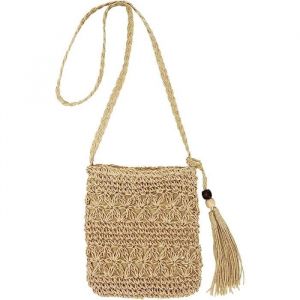 Sac de paille pour femmes Sac de paille unique pour l&eacute;t&eacute; Petits sacs de plage avec pompon Tissage Fait main Sac en raphia Sac