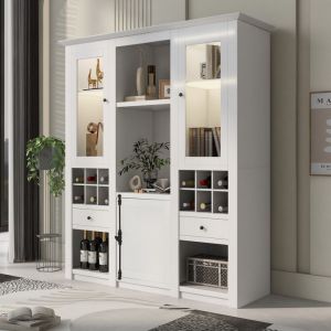 Vitrine 143x45.5x170 cm avec &eacute;clairage LED 7 couleurs Buffet haut avec porte en acrylique Buffet salon en blanc MDF