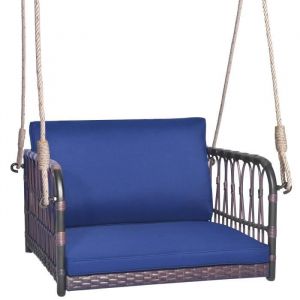 COSTWAY Fauteuil Chaise Suspendu en Rotin - Charge 180KG - 2 Cordes Crochets Cadre en Métal Coussins - Porche Jardin - Marine