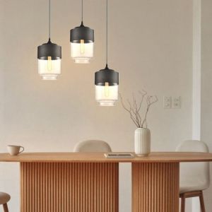 SNOGOLD Lot de 3 Lustre Suspension Industriel E27 Luminaire Moderne - Ø18 * H31cm - Abat-jour Cylindre en Verre Noir/Transparent