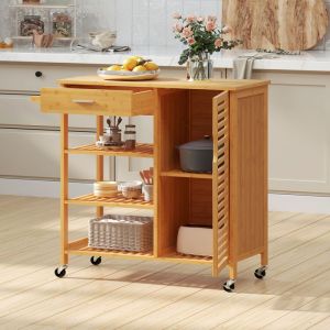 GIANTEX Desserte de Cuisine &agrave; Roulettes - Chariot de Cuisine en Bambou - 1 Tiroir - 3 &Eacute;tag&egrave;res Ouvertes - 91 x 44 x 89 cm - Naturel