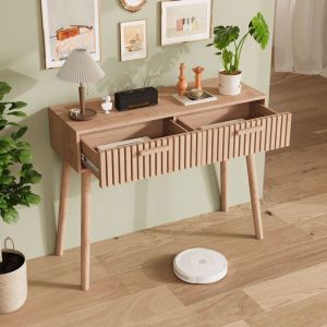Console en bois massif 100&times;35&times;80 cm Table console 2 Tiroirs Finition bois naturel Style Scandinave pour Entr&eacute;e Couloir Salon