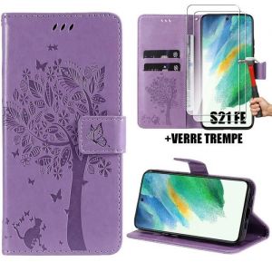 Coque + 2 Verres Trempés pour Samsung Galaxy S21 FE Protection Antichoc Synthécuir Violet Motif Arbre Chat Fleur (pas pour S21)