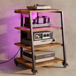 Meuble HIFI à 4 Etagères avec LED et Roulettes en Bois Meuble Audio/Vidéo Étagère Multimédia Rack Avec 3 prise et USB  Max. 140KG