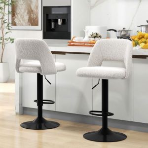 Tabouret de Bar Lot de 2 - RELAX4LIFE - R&eacute;glable en Hauteur 63-83CM - Pivotant &agrave; 360&deg; - Assise Rembourr&eacute;e - Charge 160KG - Blanc