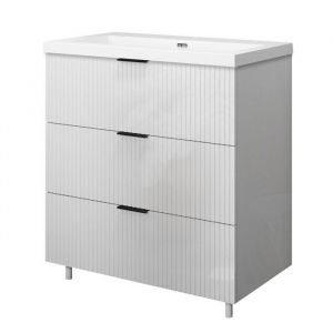 Meuble de salle de bain &agrave; poser au sol brilliant 80 cm 3 tiroirs MDF blanc avec vasque + pieds