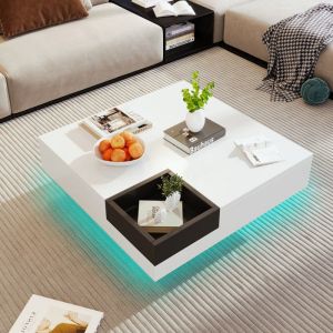 Table Basse - JAERLIUB - 72x72x30cm - Coffre de Rangement Amovible - LED Multicolore - Blanc et Noir