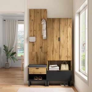 Vestiaire dentrée Meuble d’Entrée Penderie avec banc à chaussures et coussins Accessoires à suspendre tiroirs Naturel