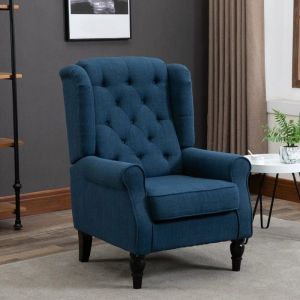 Fauteuil salon capitonné bleu à dossier haut et oreilles accoudoirs arrondis pieds bois pour chambre/salon supporte 160kg