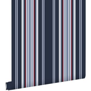 Papier peint rayures bleu marine et rouge - ESTAHOME - 53 cm x 1005 m - Motif enfant - Intissé certifié FSC