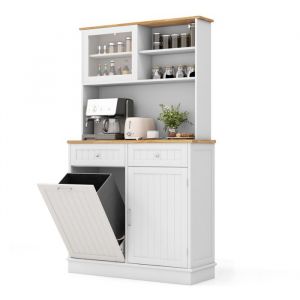 GIANTEX Buffet de Cuisine &agrave; Poubelle Inclinable 2 Tiroirs Portes Coulissantes en Verre Armoire de Rangement 100x34x172cm Blanc