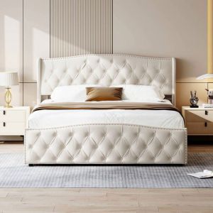 Lit coffre 160x200 - YLSZHYR - Lit rembourr&eacute; 160x200 avec sommier &agrave; lattes - Blanc cass&eacute; - lit 2 places - M&eacute;tal