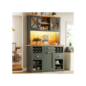 Buffet haut vert - Meuble de rangement de cuisine avec &eacute;clairage LED et prises int&eacute;gr&eacute;es - 120 x 45 x 188 cm