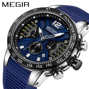 MEGIR Marque Hommes Montres Étanche Silicone Sport Chronographe à Quartz Montre De Luxe Homme Montre - bleu