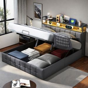Lit 140x190 cm - Lit coffre avec LED et USB - Lit double 140x190 cm avec coffre de rangement et tete de lit - Lit 2 personne - Gris
