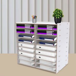 Organisateur de Bureau en Bois - 18 Slots Blanc - Classeur de Documents - Rack de Stockage de Fichiers BOITE DE CLASSEMENT