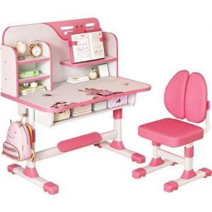 FLASIDU® Bureau détude pour enfants avec chaises bureau et bibliothèque pour enfantsRéglable en hauteurRose