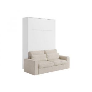 Lit escamotable 160 x 200 cm - Ouverture verticale manuelle - Avec LEDs - Blanc + Canap&eacute; - RAPILI
