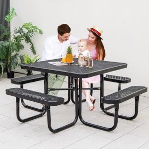 COSTWAY Ensemble Table de Pique-Nique Carr&eacute;e avec 4 Bancs Int&eacute;gr&eacute;s pour 8 Personnes Table de Camping avec Trou pour Parasol Noir