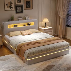 Lit Double Rembourré avec Rangement 160x200 lit capitonné avec LED Lit Coffre pour Adulte Adolescent Velours Beige