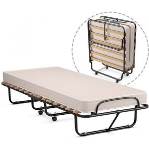 COSTWAY Lit d’Appoint Pliable - 80 x 190 CM - Lit Pliant sur Roulettes 1 Personne - Matelas en Mousse 10 CM - Charge de 120 KG