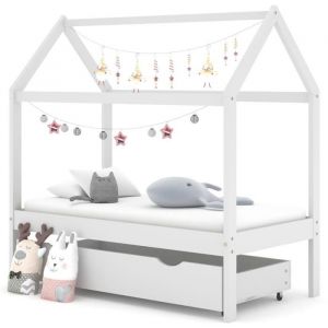 Lit bébé style cabane - BINGO Cadre de lit denfant - avec un tiroir Blanc Pin massif 70x140 cm ®5440