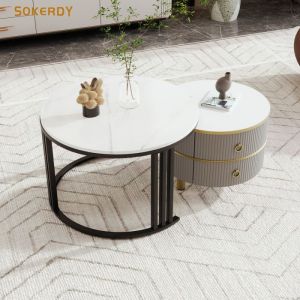 SOKERDY Table Basse Ronde 2 en 1 Table Dappoint avec Plateau en Marbre Blanc Table Basse Gris avec 2 Tiroirs Pieds Noir 70cm