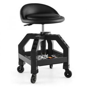 GOPLUS Tabouret de Mécanicien avec Roulettes-Tabouret dAtelier Pivotant à Hauteur Réglable avec Plateau à Outils-Charge 150KG Noir