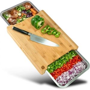 Planche &agrave; d&eacute;couper en bambou XL avec bacs r&eacute;cup&eacute;rateurs magn&eacute;tiques - Grande et pratique pour cuisine - Bois certifi&eacute; durable