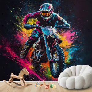 Papier Peint Panoramique Dirt Bike 300x210cm - D&eacute;coration Murale Gar&ccedil;on Moto Cross Graffiti -Tapisserie Murales Papier Peint