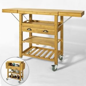 SoBuy Desserte de Cuisine en Bambou sur Roulettes avec Plateau Amovible et Plans Rabattables 65-125x40x92cm