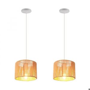 Lot de 2 Suspension Luminaire Rotin Vintage Kuangfushang - E27 Lustre Abat-jour en Métal et Corde Lampe Rond pour Cuisine - Ø20cm