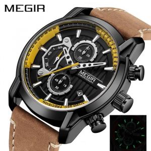 MEGIR Hommes Montres &eacute;tanche Lumineux Sport Montre En Cuir Chronographe &agrave; Quartz Montre