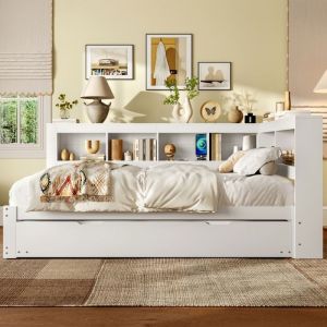 Banquette-Lit Gigogne 140x200 Agglom&eacute;r&eacute; Blanc Prise + 2 USB Sommier &Agrave; Lattes Inclus - Sans Matelas