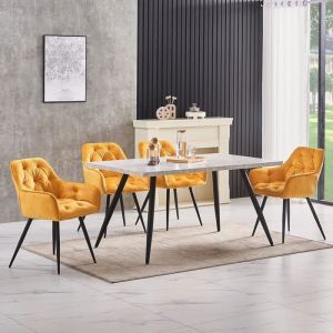 Lot de 4 Chaises de Salle à Manger avec Accoudoirs - Dossier Nid dAbeille Velours Jaune - Pieds Métal - AINPECCA