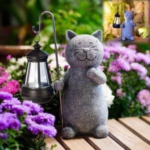 Statue animaux Chat Decoration Statue Jardin Exterieur avec Lampe Solaire-Salon Chaton D&eacute;coration Cadeau pour Femme Homme Maman