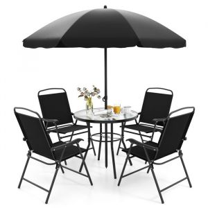 GOPLUS Ensemble de Salle &agrave; Manger Ext&eacute;rieur 6 PCS avec ParasolTable Ronde avec Plateau en Verre Tremp&eacute;&4 Chaises PliantesNoir
