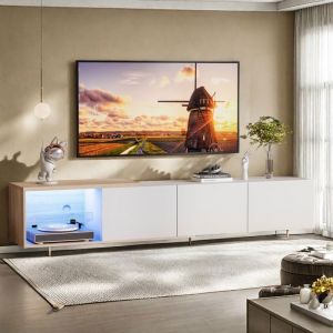 Meuble TV Extensible avec LED160/240cm Longueur avec 3 Tiroirs et Rangement OuvertTable T&eacute;l&eacute; de Salon Blanc 240x38x44cm